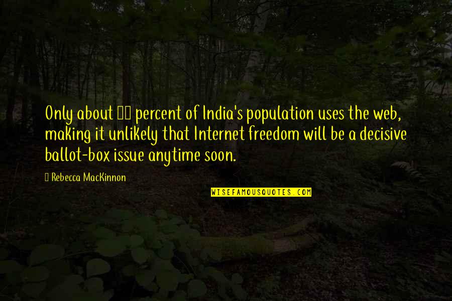 India Population Quotes By Rebecca MacKinnon: Only about 10 percent of India's population uses India Population Quotes By Rebecca MacKinnon: Only about 10 percent of India's population uses