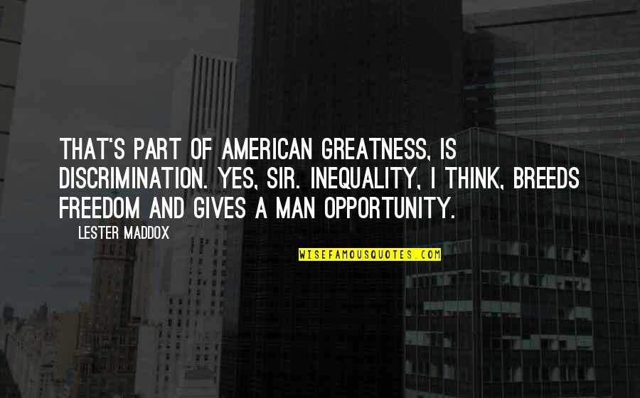 Inequality Quotes By Lester Maddox: That's part of American greatness, is discrimination. Yes,