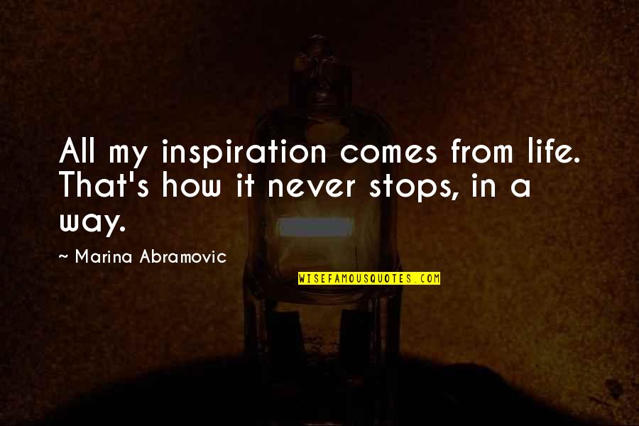Inspiration Comes From Within Quotes By Marina Abramovic: All my inspiration comes from life. That's how