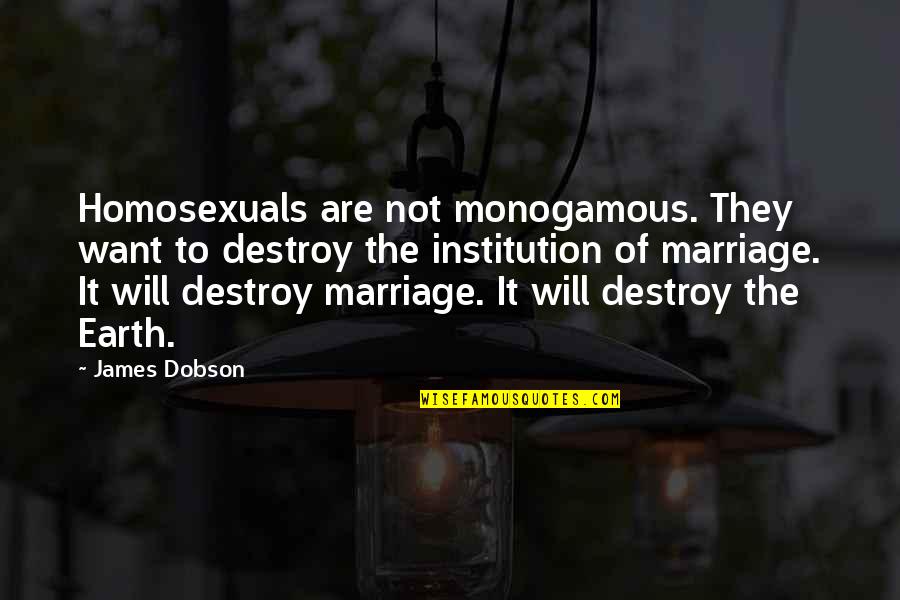 Institution Of Marriage Quotes By James Dobson: Homosexuals are not monogamous. They want to destroy