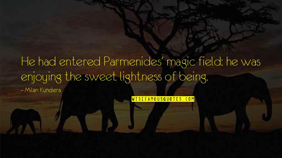 Insufferable Sentence Quotes By Milan Kundera: He had entered Parmenides' magic field: he was