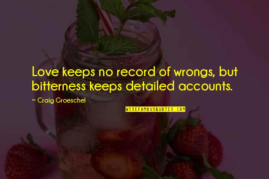 Invado Solutions Quotes By Craig Groeschel: Love keeps no record of wrongs, but bitterness Invado Solutions Quotes By Craig Groeschel: Love keeps no record of wrongs, but bitterness