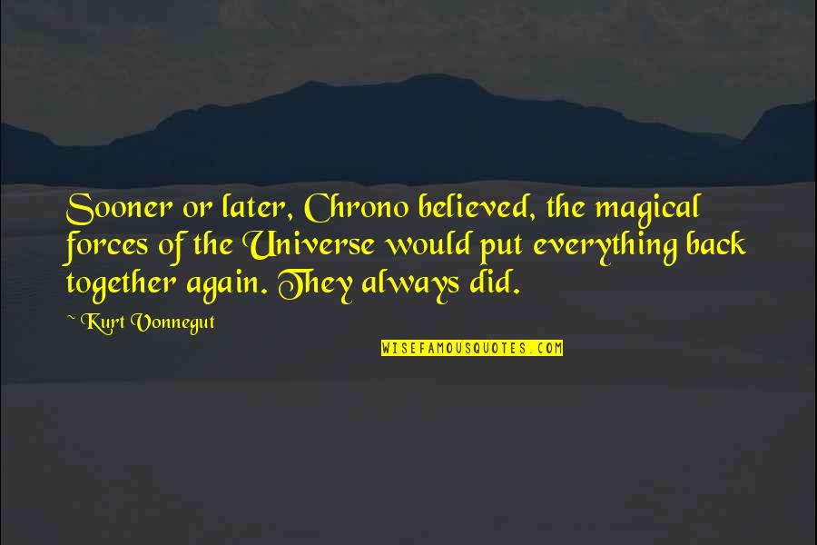 Irritation Inside Mouth Quotes By Kurt Vonnegut: Sooner or later, Chrono believed, the magical forces Irritation Inside Mouth Quotes By Kurt Vonnegut: Sooner or later, Chrono believed, the magical forces