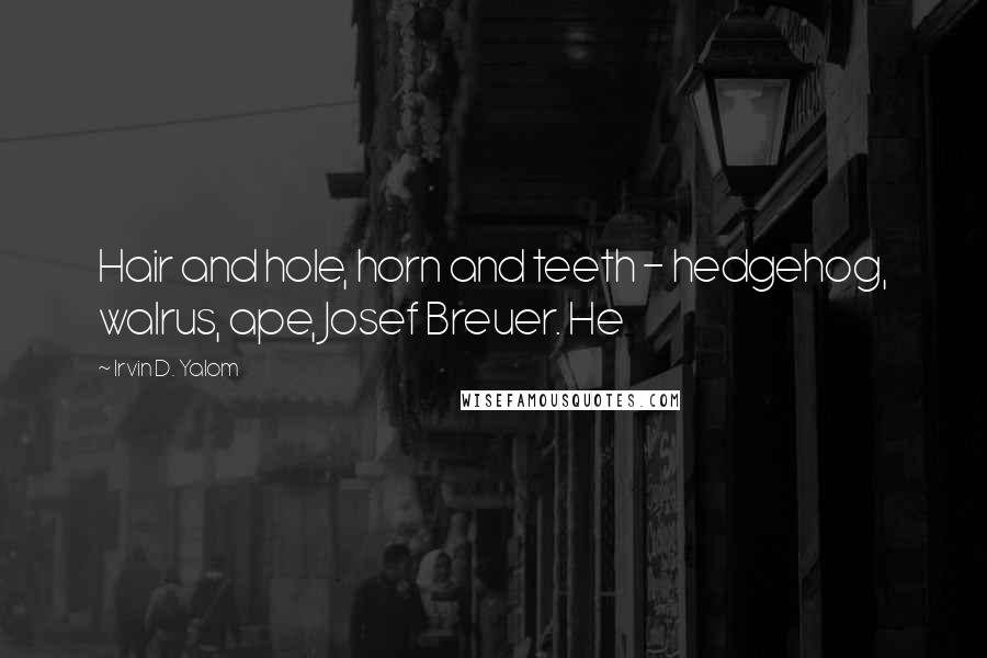 Irvin D. Yalom quotes: Hair and hole, horn and teeth - hedgehog, walrus, ape, Josef Breuer. He Irvin D. Yalom quotes: Hair and hole, horn and teeth - hedgehog, walrus, ape, Josef Breuer. He