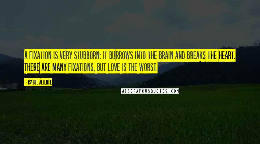 Isabel Allende quotes: A fixation is very stubborn: it burrows into the brain and breaks the heart. There are many fixations, but love is the worst.