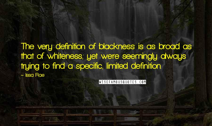 Issa Rae quotes: The very definition of 'blackness' is as broad as that of 'whiteness,' yet we're seemingly always trying to find a specific, limited definition.