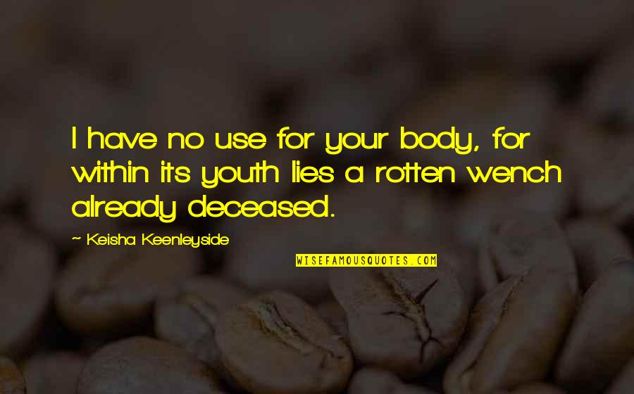 Its Dark Quotes By Keisha Keenleyside: I have no use for your body, for Its Dark Quotes By Keisha Keenleyside: I have no use for your body, for