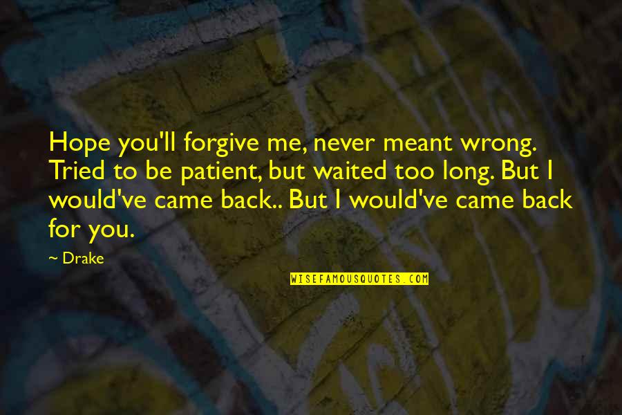 I've Waited For You Quotes By Drake: Hope you'll forgive me, never meant wrong. Tried I've Waited For You Quotes By Drake: Hope you'll forgive me, never meant wrong. Tried