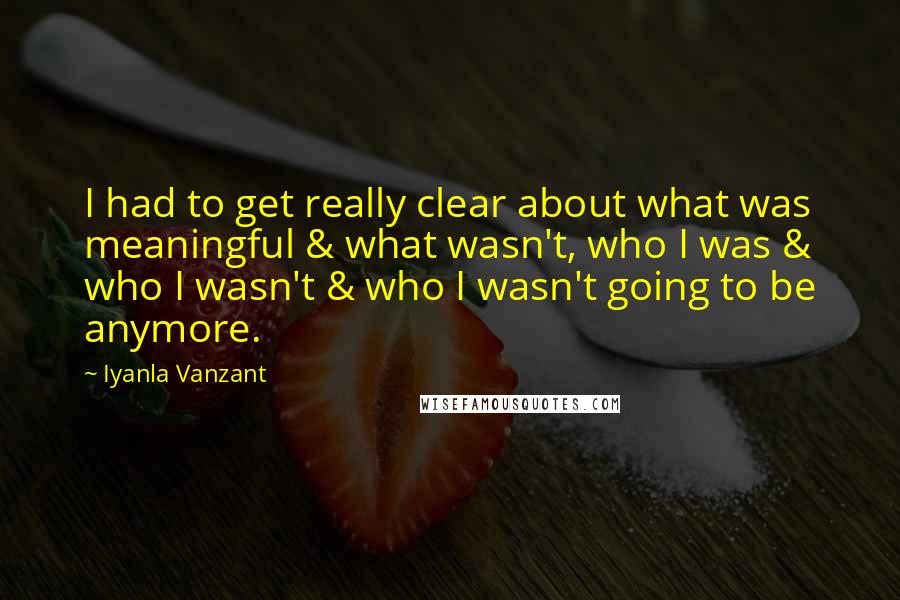 Iyanla Vanzant quotes: I had to get really clear about what was meaningful & what wasn't, who I was & who I wasn't & who I wasn't going to be anymore. Iyanla Vanzant quotes: I had to get really clear about what was meaningful & what wasn't, who I was & who I wasn't & who I wasn't going to be anymore.