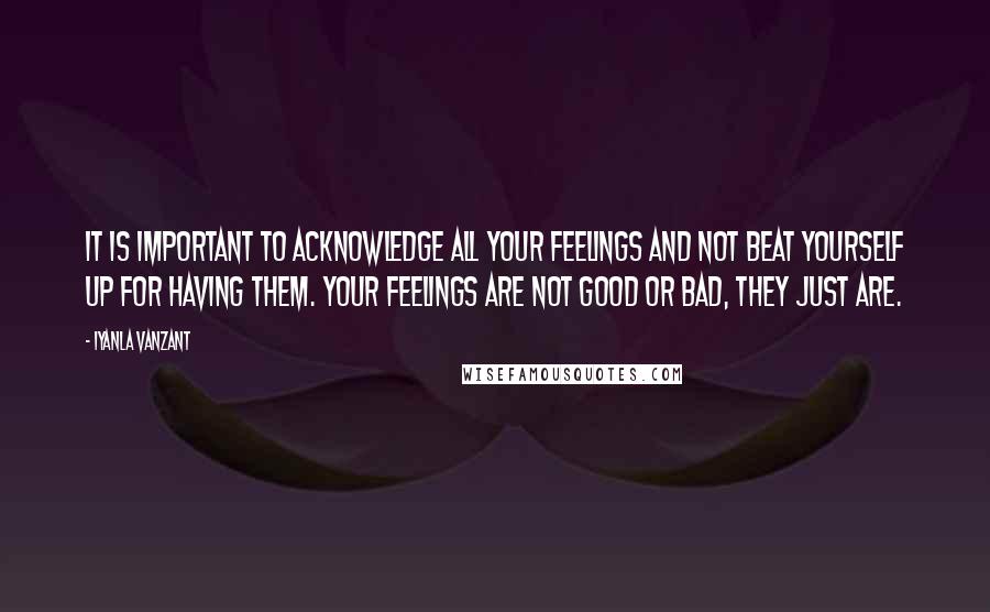 Iyanla Vanzant quotes: It is important to acknowledge all your feelings and not beat yourself up for having them. Your feelings are not good or bad, they just are.