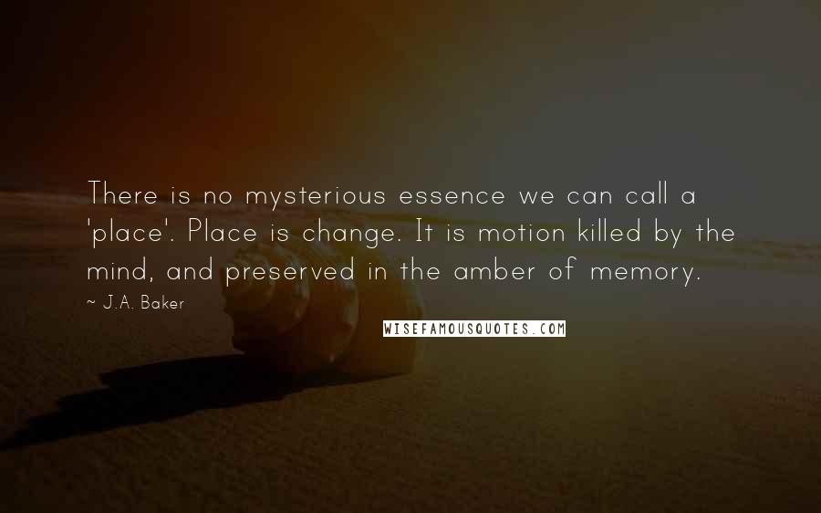J.A. Baker quotes: There is no mysterious essence we can call a 'place'. Place is change. It is motion killed by the mind, and preserved in the amber of memory.