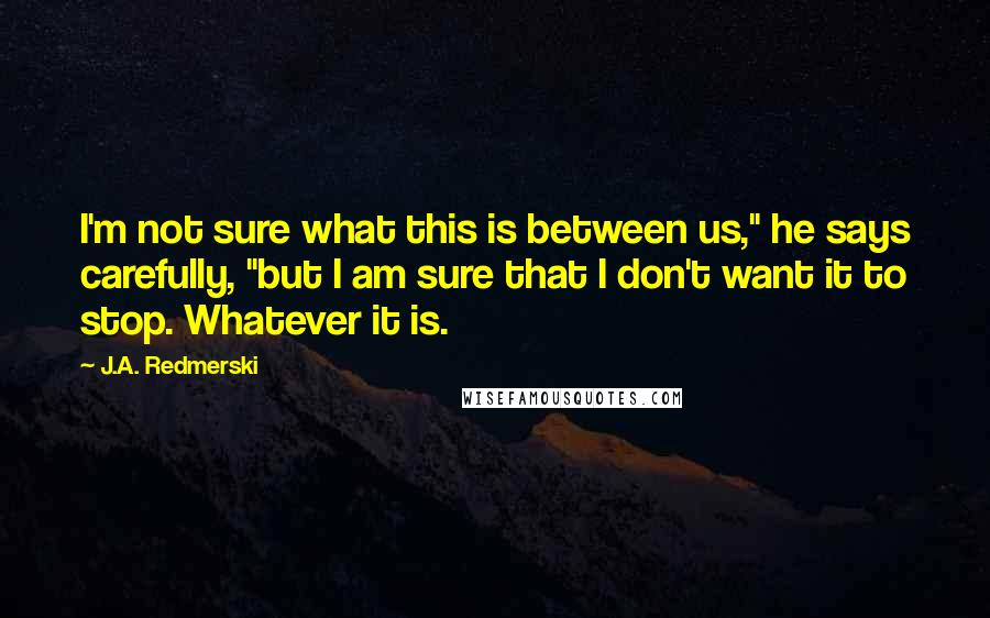 J.A. Redmerski quotes: I'm not sure what this is between us," he says carefully, "but I am sure that I don't want it to stop. Whatever it is.