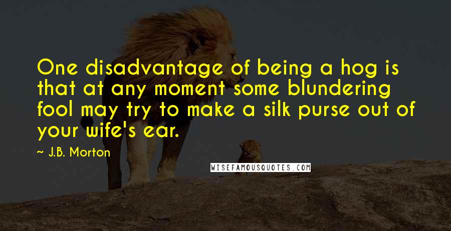 J.B. Morton quotes: One disadvantage of being a hog is that at any moment some blundering fool may try to make a silk purse out of your wife's ear. J.B. Morton quotes: One disadvantage of being a hog is that at any moment some blundering fool may try to make a silk purse out of your wife's ear.