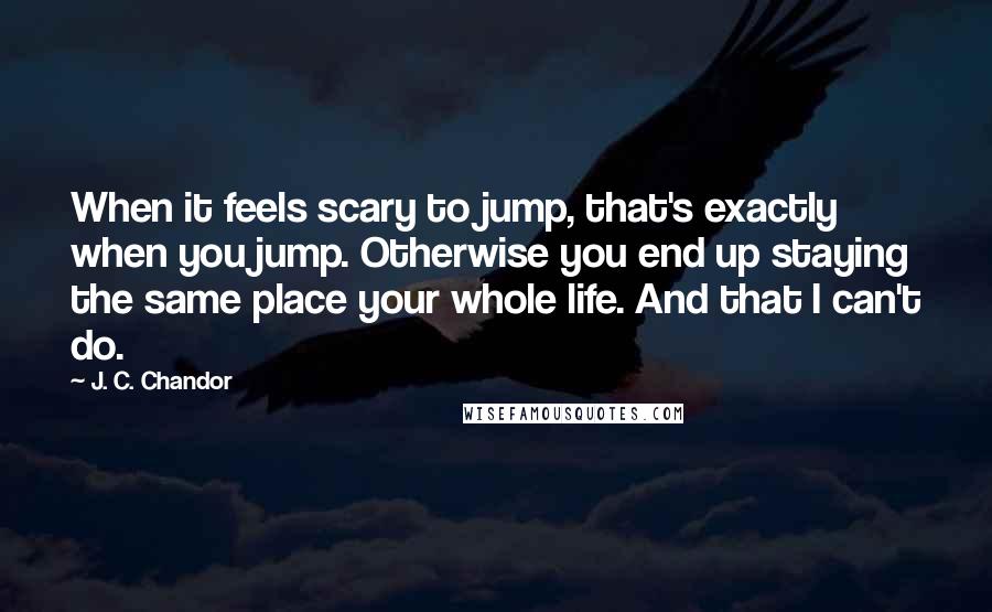 J. C. Chandor quotes: When it feels scary to jump, that's exactly when you jump. Otherwise you end up staying the same place your whole life. And that I can't do.