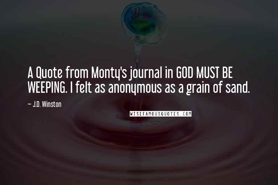 J.D. Winston quotes: A Quote from Monty's journal in GOD MUST BE WEEPING. I felt as anonymous as a grain of sand.