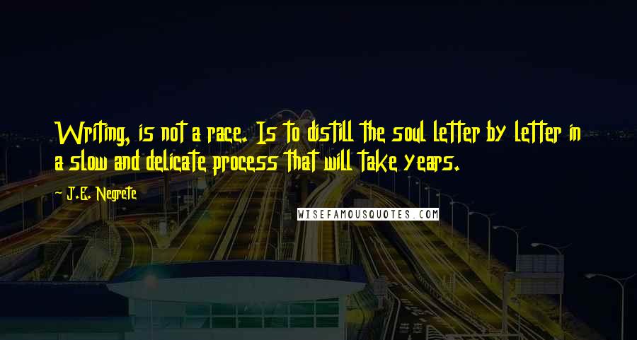 J.E. Negrete quotes: Writing, is not a race. Is to distill the soul letter by letter in a slow and delicate process that will take years. J.E. Negrete quotes: Writing, is not a race. Is to distill the soul letter by letter in a slow and delicate process that will take years.