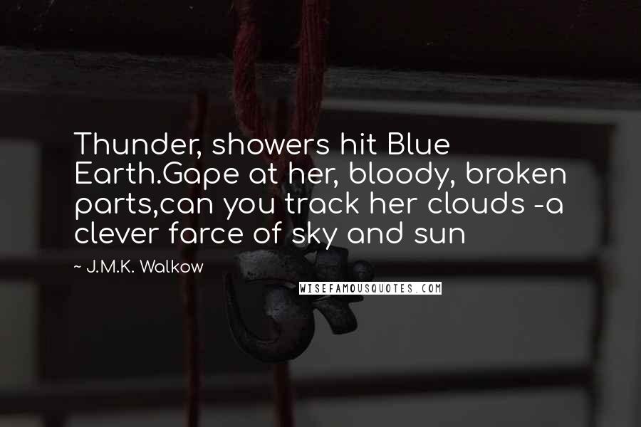 J.M.K. Walkow quotes: Thunder, showers hit Blue Earth.Gape at her, bloody, broken parts,can you track her clouds -a clever farce of sky and sun
