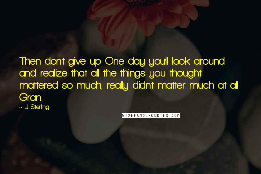 J. Sterling quotes: Then don't give up. One day you'll look around and realize that all the things you thought mattered so much, really didn't matter much at all.- Gran