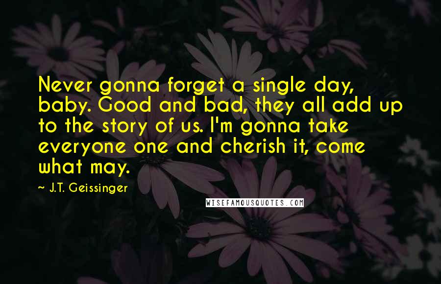 J.T. Geissinger quotes: Never gonna forget a single day, baby. Good and bad, they all add up to the story of us. I'm gonna take everyone one and cherish it, come what may.