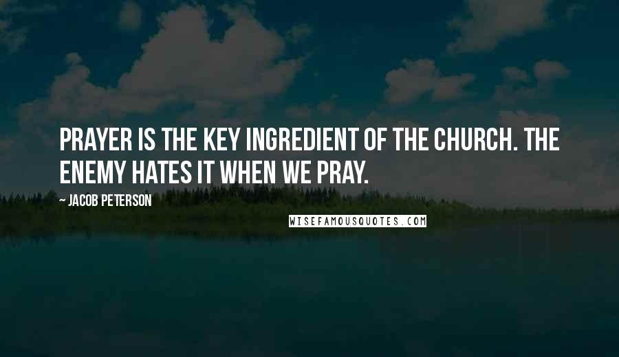 Jacob Peterson quotes: Prayer is the key ingredient of the church. The enemy hates it when we pray.