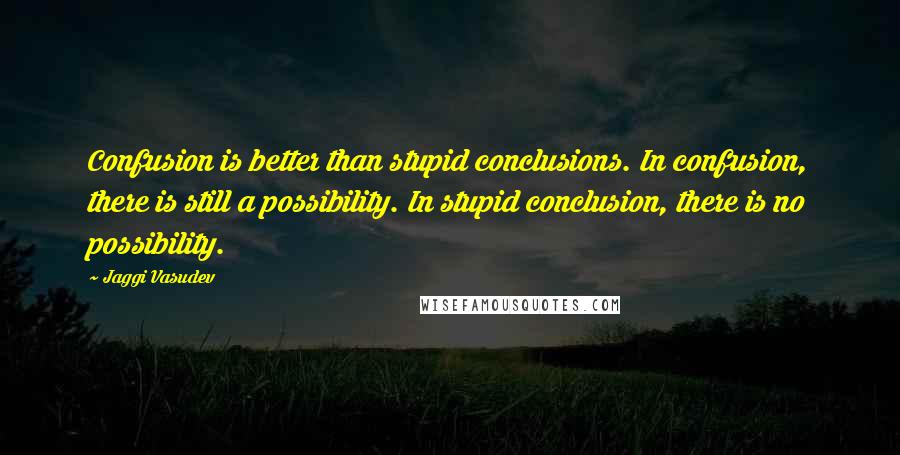 Jaggi Vasudev quotes: Confusion is better than stupid conclusions. In confusion, there is still a possibility. In stupid conclusion, there is no possibility.