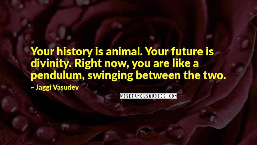 Jaggi Vasudev quotes: Your history is animal. Your future is divinity. Right now, you are like a pendulum, swinging between the two.