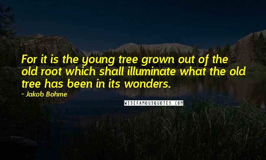 Jakob Bohme quotes: For it is the young tree grown out of the old root which shall illuminate what the old tree has been in its wonders.