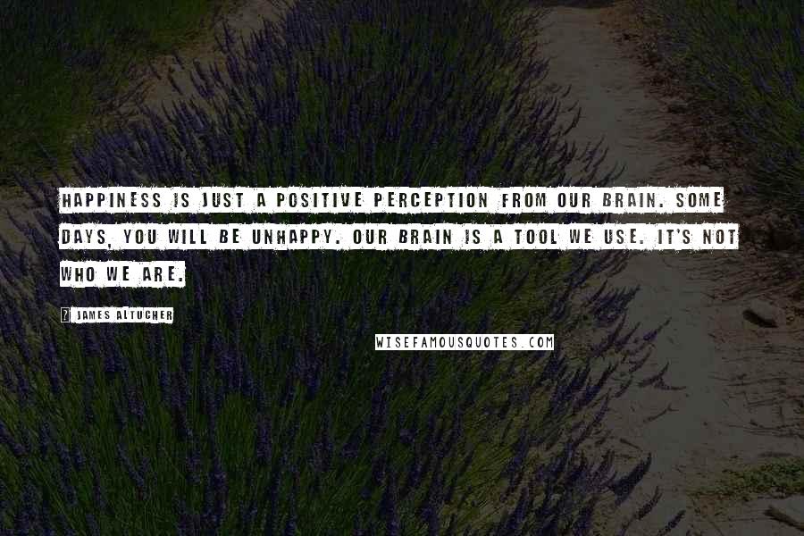 James Altucher quotes: Happiness is just a positive perception from our brain. Some days, you will be unhappy. Our brain is a tool we use. It's not who we are.