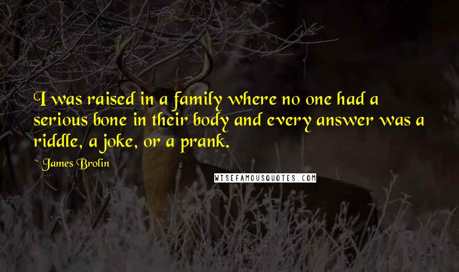 James Brolin quotes: I was raised in a family where no one had a serious bone in their body and every answer was a riddle, a joke, or a prank.