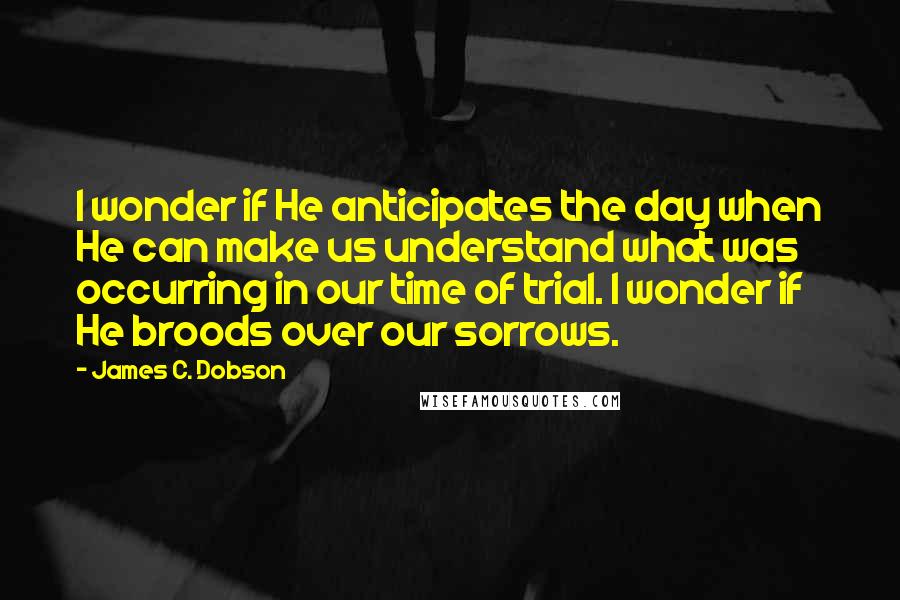 James C. Dobson quotes: I wonder if He anticipates the day when He can make us understand what was occurring in our time of trial. I wonder if He broods over our sorrows.