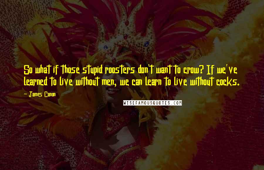 James Canon quotes: So what if those stupid roosters don't want to crow? If we've learned to live without men, we can learn to live without cocks.