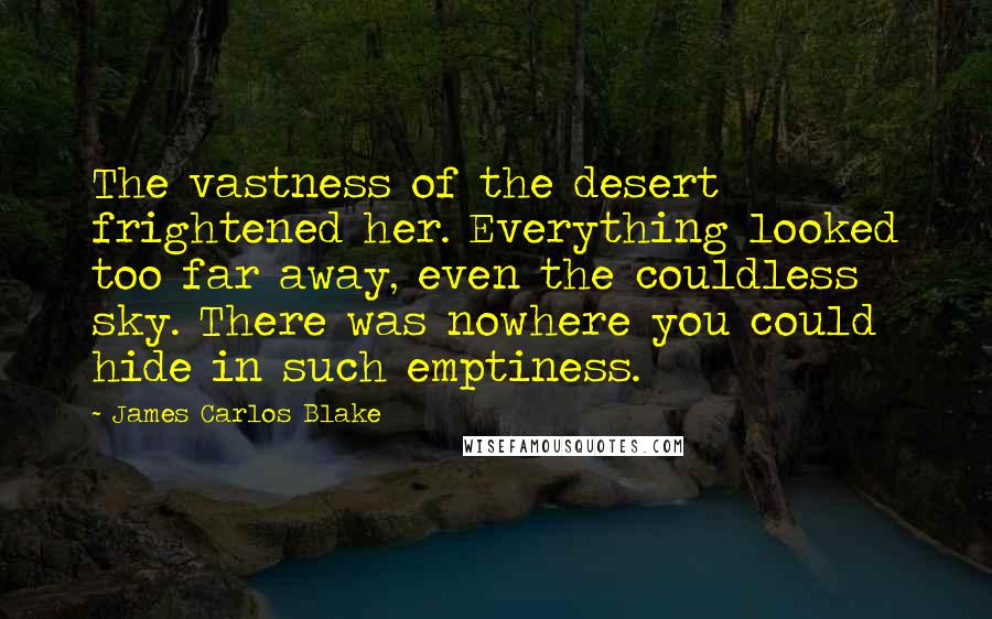 James Carlos Blake quotes: The vastness of the desert frightened her. Everything looked too far away, even the couldless sky. There was nowhere you could hide in such emptiness.