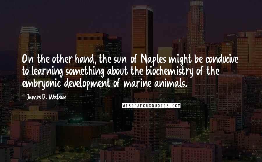 James D. Watson quotes: On the other hand, the sun of Naples might be conducive to learning something about the biochemistry of the embryonic development of marine animals.