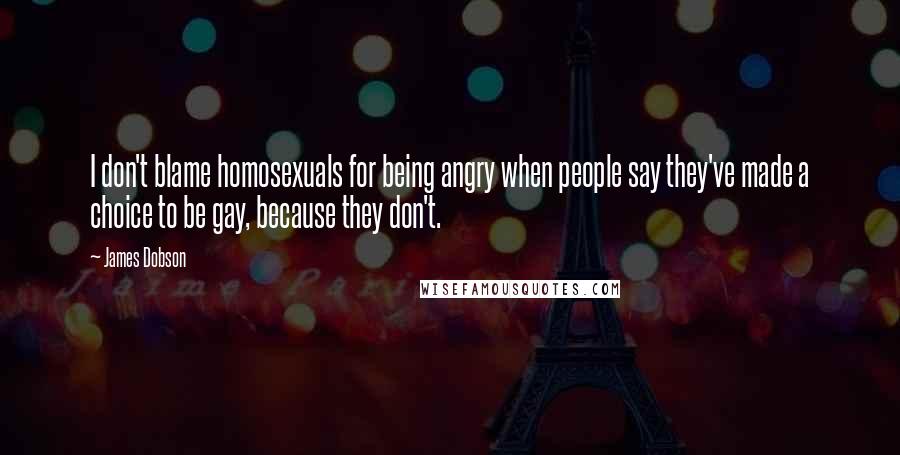 James Dobson quotes: I don't blame homosexuals for being angry when people say they've made a choice to be gay, because they don't.