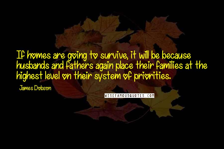 James Dobson quotes: If homes are going to survive, it will be because husbands and fathers again place their families at the highest level on their system of priorities.