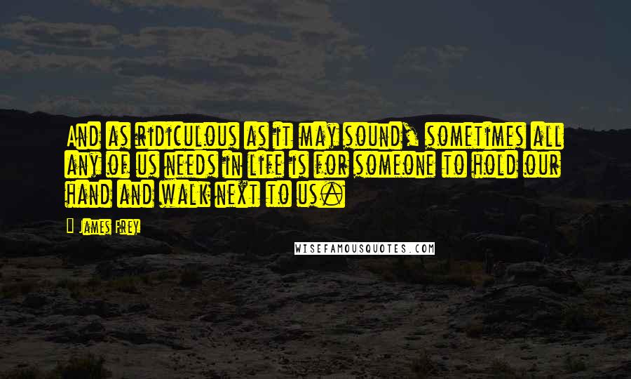 James Frey quotes: And as ridiculous as it may sound, sometimes all any of us needs in life is for someone to hold our hand and walk next to us.