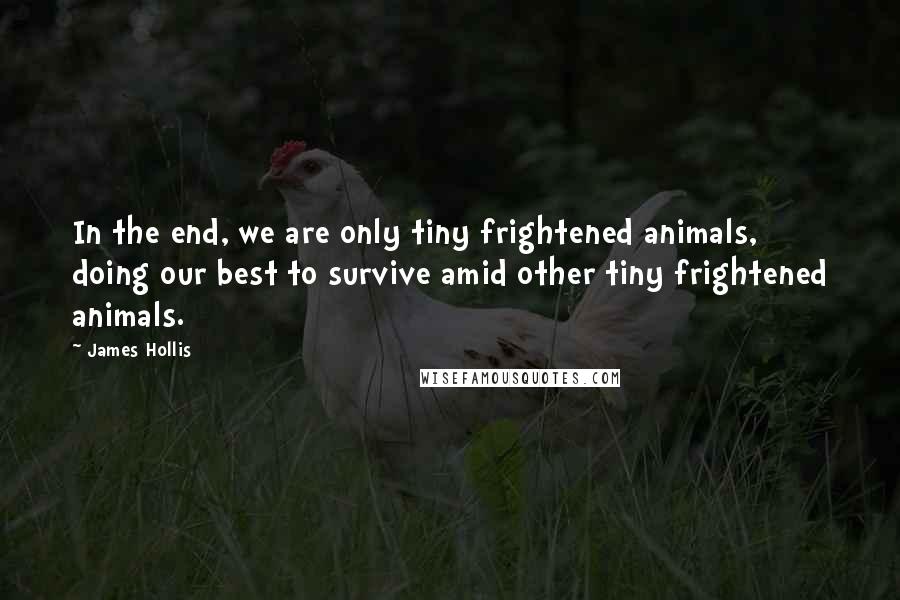 James Hollis quotes: In the end, we are only tiny frightened animals, doing our best to survive amid other tiny frightened animals.