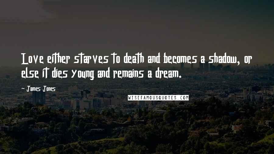 James Jones quotes: Love either starves to death and becomes a shadow, or else it dies young and remains a dream.