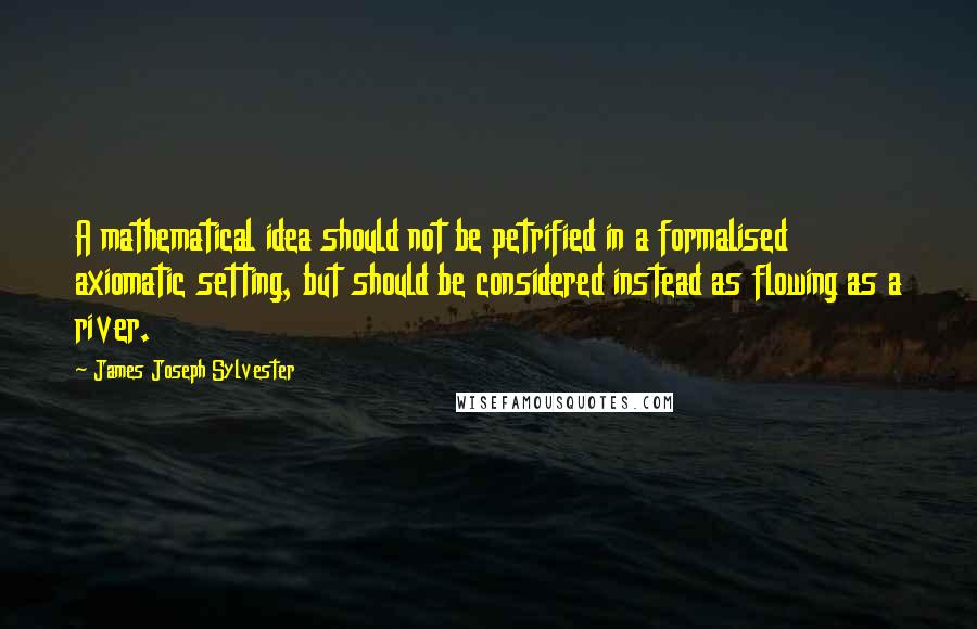 James Joseph Sylvester quotes: A mathematical idea should not be petrified in a formalised axiomatic setting, but should be considered instead as flowing as a river.
