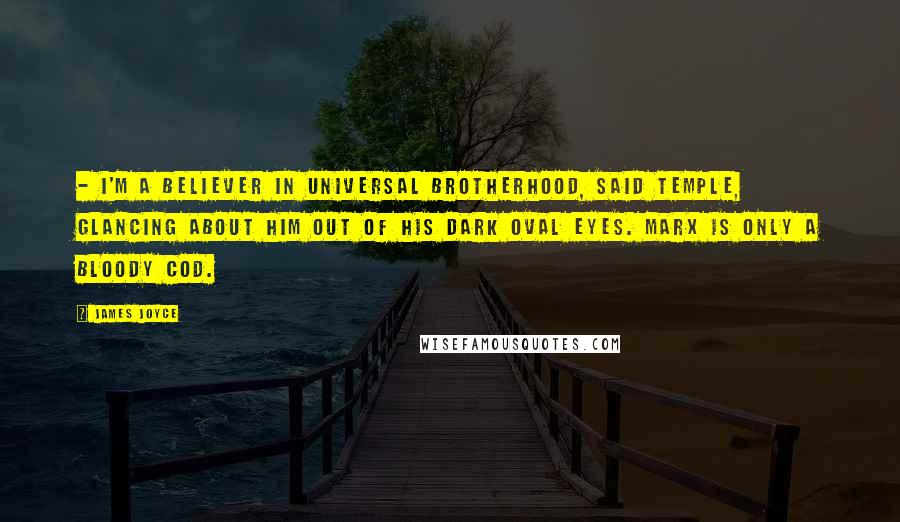 James Joyce quotes: - I'm a believer in universal brotherhood, said Temple, glancing about him out of his dark oval eyes. Marx is only a bloody cod. James Joyce quotes: - I'm a believer in universal brotherhood, said Temple, glancing about him out of his dark oval eyes. Marx is only a bloody cod.