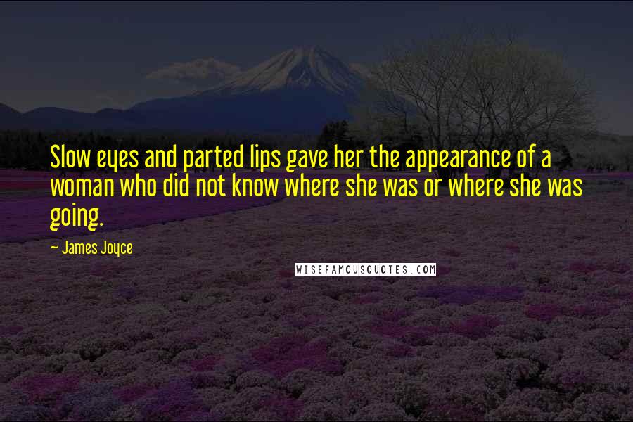 James Joyce quotes: Slow eyes and parted lips gave her the appearance of a woman who did not know where she was or where she was going. James Joyce quotes: Slow eyes and parted lips gave her the appearance of a woman who did not know where she was or where she was going.