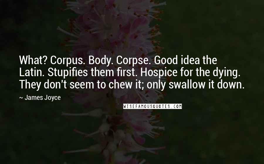 James Joyce quotes: What? Corpus. Body. Corpse. Good idea the Latin. Stupifies them first. Hospice for the dying. They don't seem to chew it; only swallow it down. James Joyce quotes: What? Corpus. Body. Corpse. Good idea the Latin. Stupifies them first. Hospice for the dying. They don't seem to chew it; only swallow it down.