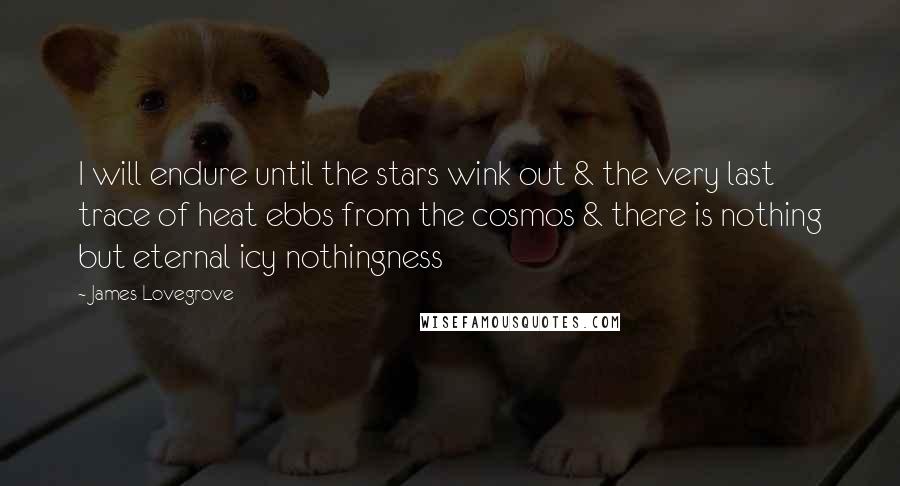 James Lovegrove quotes: I will endure until the stars wink out & the very last trace of heat ebbs from the cosmos & there is nothing but eternal icy nothingness James Lovegrove quotes: I will endure until the stars wink out & the very last trace of heat ebbs from the cosmos & there is nothing but eternal icy nothingness