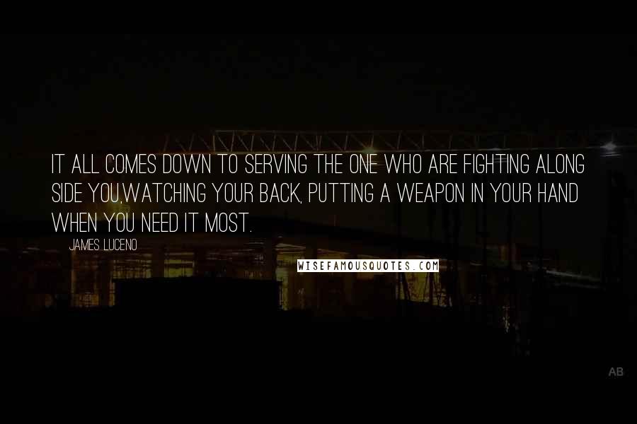 James Luceno quotes: It all comes down to serving the one who are fighting along side you,watching your back, putting a weapon in your hand when you need it most. James Luceno quotes: It all comes down to serving the one who are fighting along side you,watching your back, putting a weapon in your hand when you need it most.