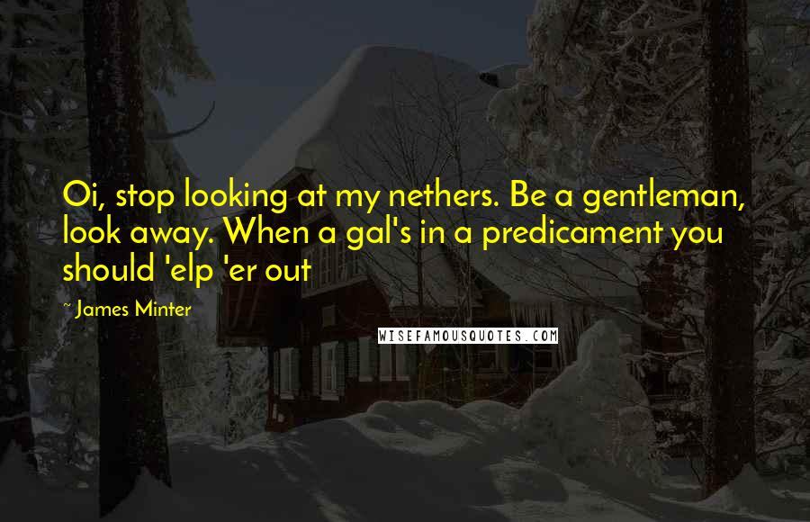 James Minter quotes: Oi, stop looking at my nethers. Be a gentleman, look away. When a gal's in a predicament you should 'elp 'er out