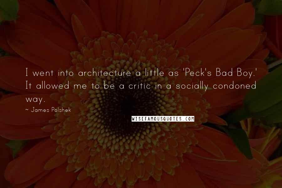 James Polshek quotes: I went into architecture a little as 'Peck's Bad Boy.' It allowed me to be a critic in a socially condoned way. James Polshek quotes: I went into architecture a little as 'Peck's Bad Boy.' It allowed me to be a critic in a socially condoned way.