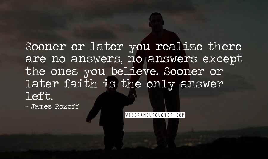 James Rozoff quotes: Sooner or later you realize there are no answers, no answers except the ones you believe. Sooner or later faith is the only answer left.