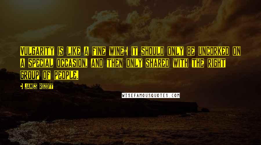 James Rozoff quotes: Vulgarity is like a fine wine: it should only be uncorked on a special occasion, and then only shared with the right group of people.