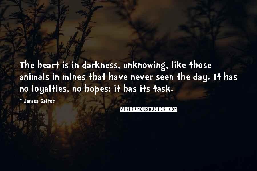 James Salter quotes: The heart is in darkness, unknowing, like those animals in mines that have never seen the day. It has no loyalties, no hopes; it has its task.