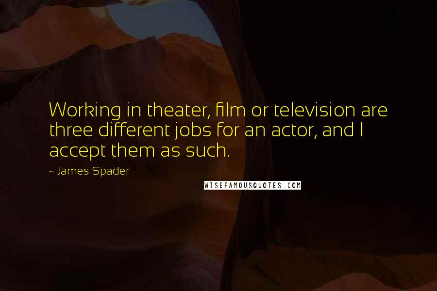 James Spader quotes: Working in theater, film or television are three different jobs for an actor, and I accept them as such.